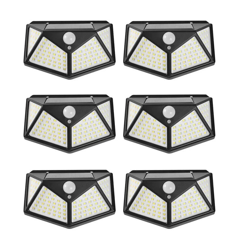 Lot de 1 à 6 lampes murales solaires à 100 LED 1800 mAh, 4 côtés lumineux, avec détecteur de mouvement, éclairage d'extérieur, idéal pour un jardin ou une cour.