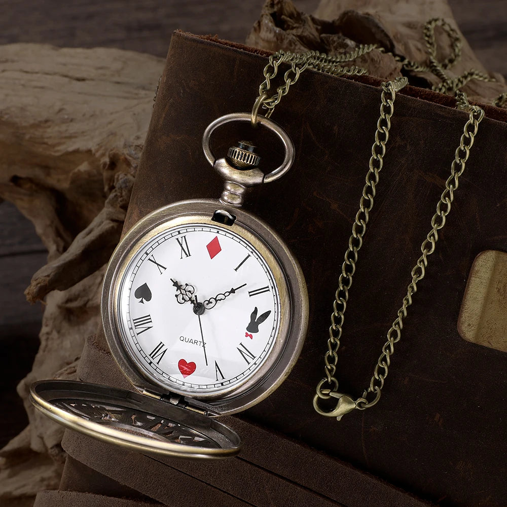 Montre de poche à quartz en bronze, style rétro Alice, pendentif, collier, cadeau pour homme et femme