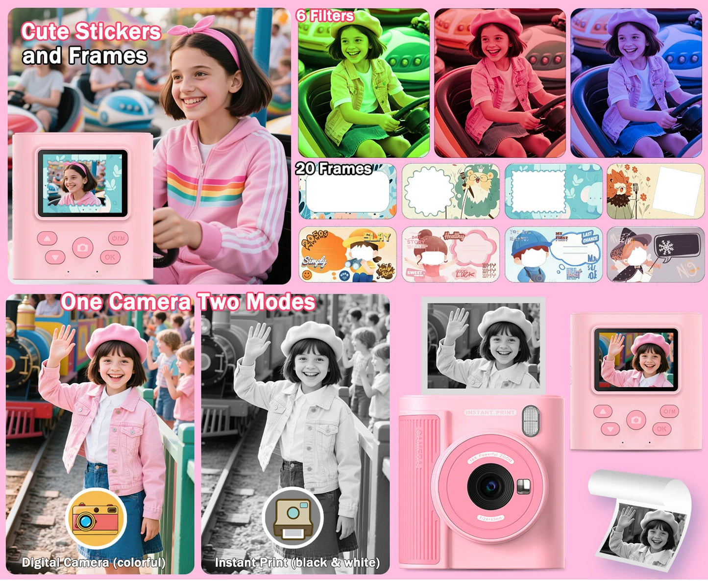 Kids Camera Instant Print HD 1080P 16X Zoom Digital Camera Video Recorder Toy for Girls & Boys Best Christmas Birthday Gfits