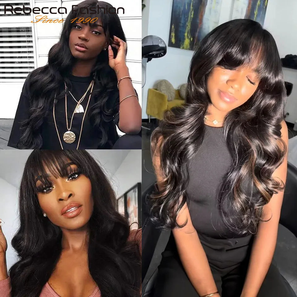 Perruques Rebecca 3x1 Body Wave 100 % cheveux humains avec frange rideau pour femmes, cheveux brésiliens Remy, sans colle, colorées, QVR