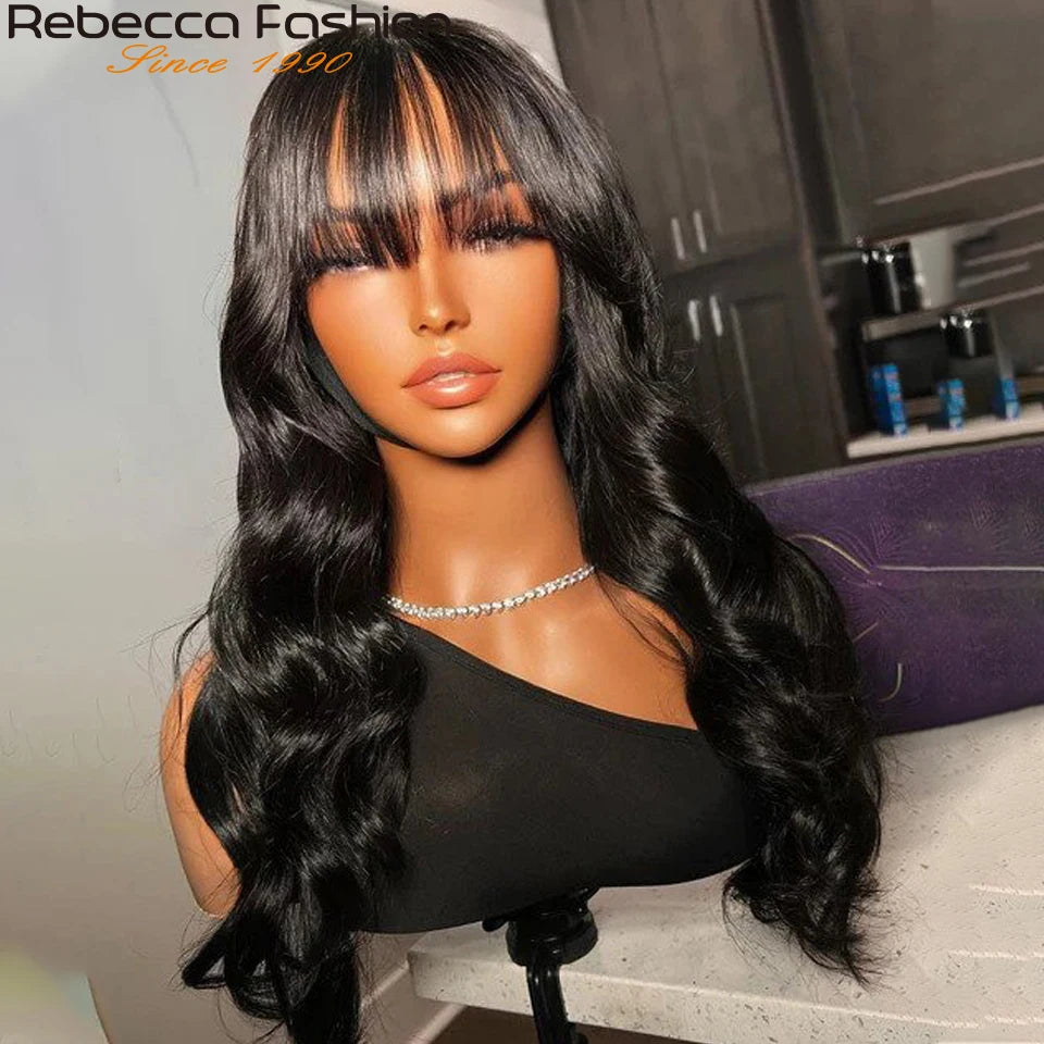 Perruques Rebecca 3x1 Body Wave 100 % cheveux humains avec frange rideau pour femmes, cheveux brésiliens Remy, sans colle, colorées, QVR