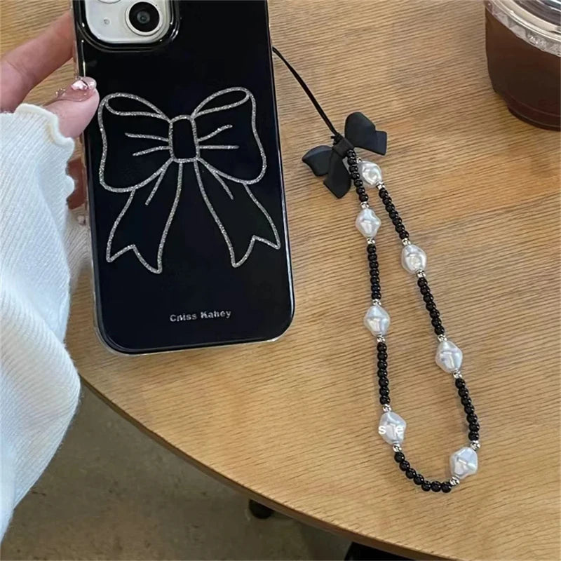 Retro Bowknot Pearl Phone Charm Strap Flower Bead Pendant Korean Bracelet For iPhone Samsung Accessories Hanging Rope For Girl