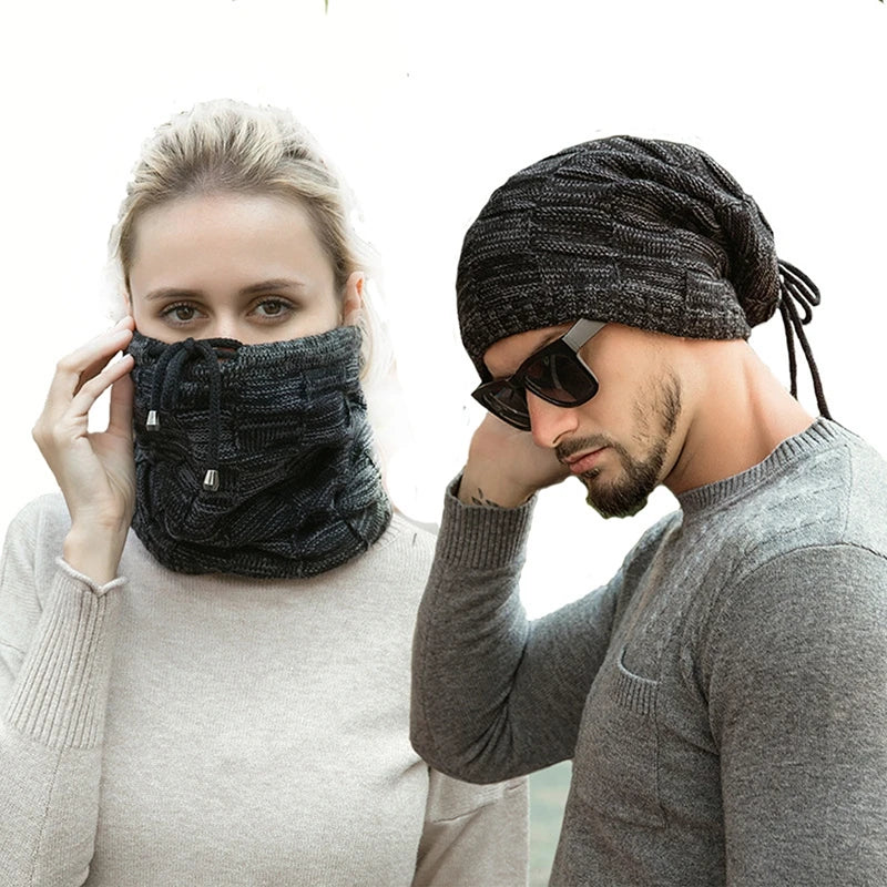 Bonnet tricoté chaud pour homme et femme, bonnet à pompon, bandana, cordon de serrage, écharpe, épais, chaud et doux, tête et cou
