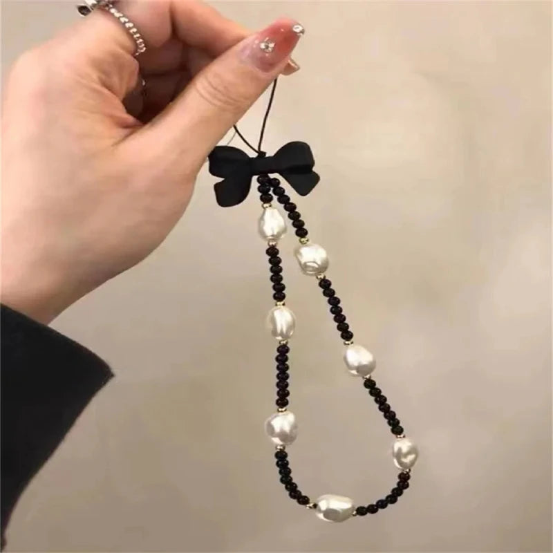 Retro Bowknot Pearl Phone Charm Strap Flower Bead Pendant Korean Bracelet For iPhone Samsung Accessories Hanging Rope For Girl