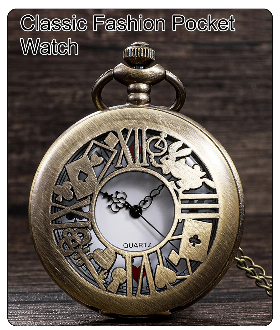 Montre de poche à quartz en bronze, style rétro Alice, pendentif, collier, cadeau pour homme et femme