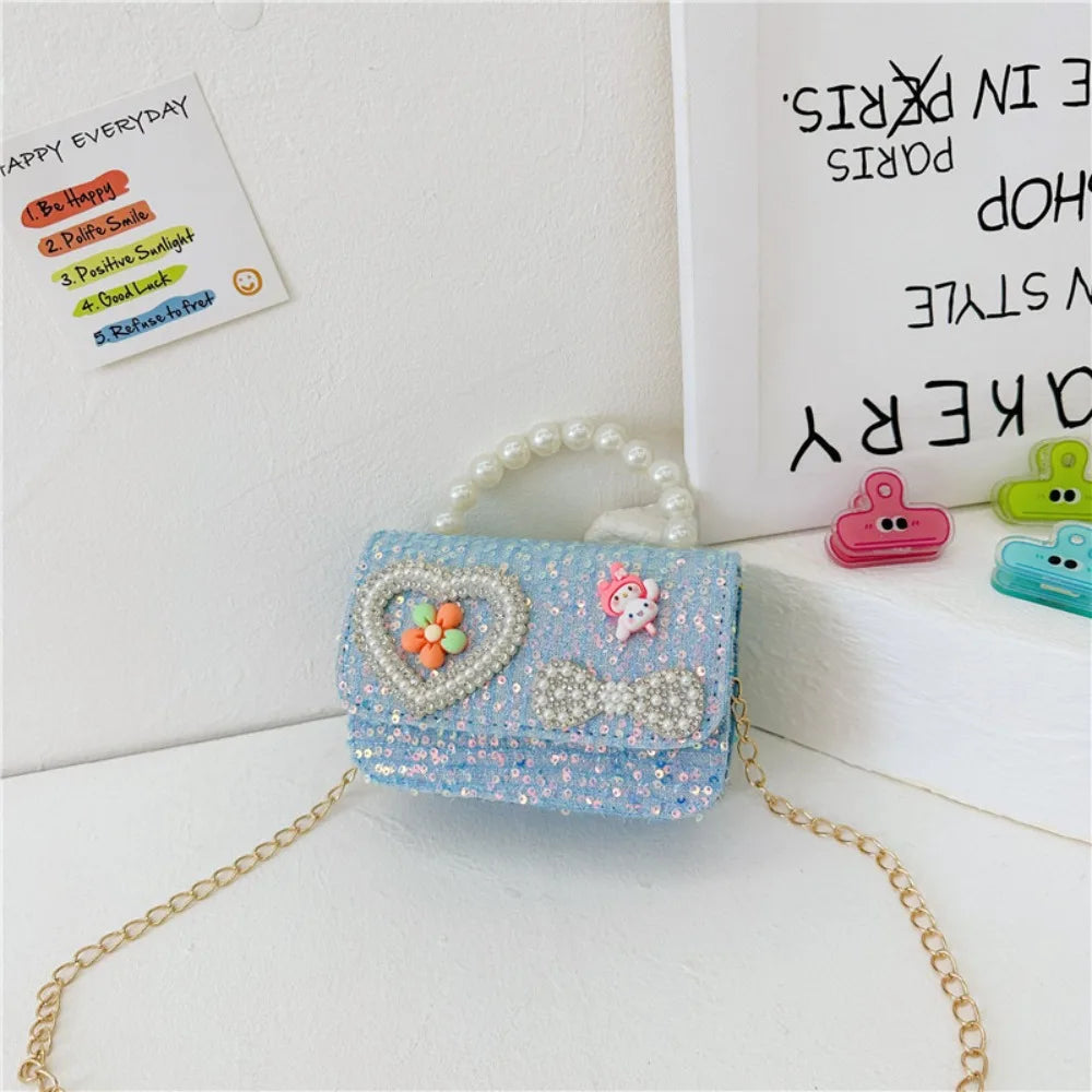 2024 Korean Style Pearl Kid's Handbag Lace Bow Princess Shoulder Messenger Bag Sequin Zero Wallet Pocket Pack
