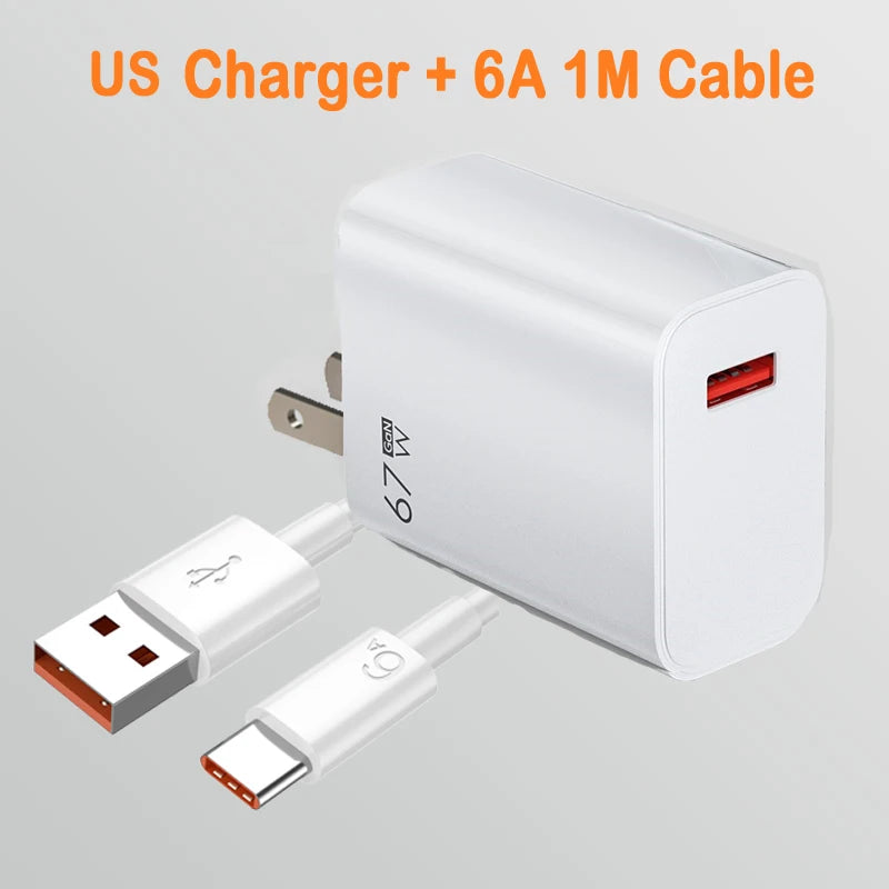 67W GaN USB Fast Charging Quick Charger QC3.0 USB Type C Cable for Xiaomi 14 13 12 Redmi Note Turbo Mobile Phone Charger Adapter