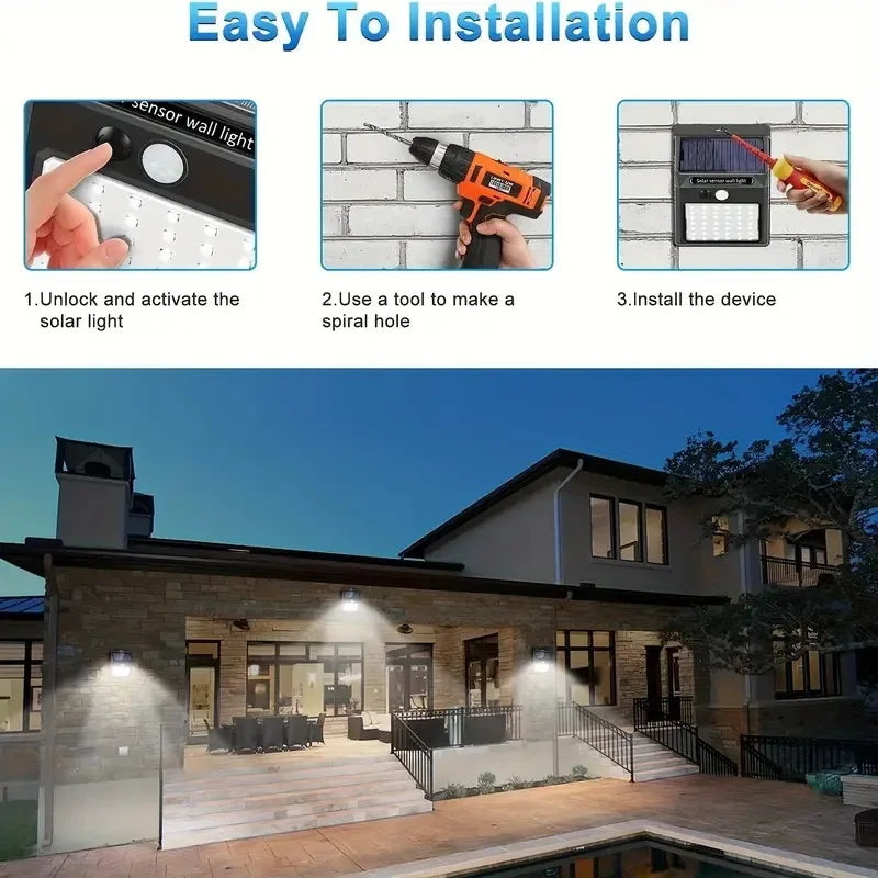 Lot de 1 à 6 lampes murales solaires à 100 LED 1800 mAh, 4 côtés lumineux, avec détecteur de mouvement, éclairage d'extérieur, idéal pour un jardin ou une cour.