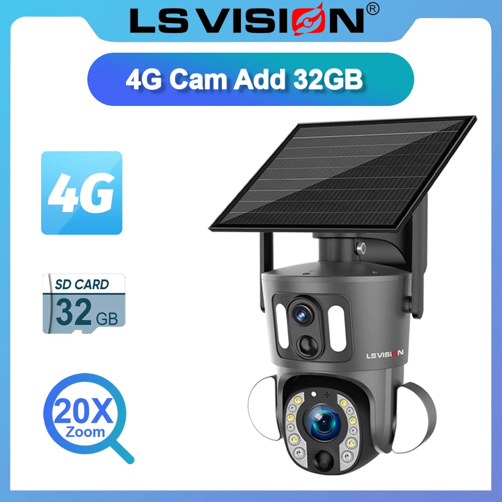 LS VISION 4G Solar Security Camera Outdoor 20X Zoom Dual Screen 8MP WiFi PTZ Dual Lens PIR Detection Auto Tracking Camera UBOX
