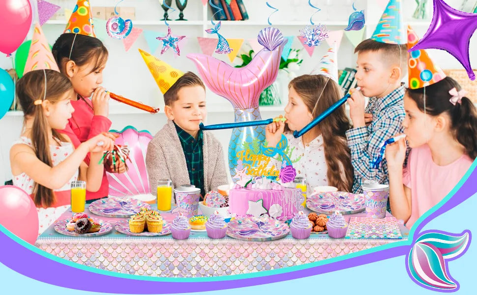 Mermaid Party Supplies,90 Pcs Party Supplies Kit-Mermaid Birthday Plates Cups Napkins Tablecloth&Banner Balloons etc for Girls