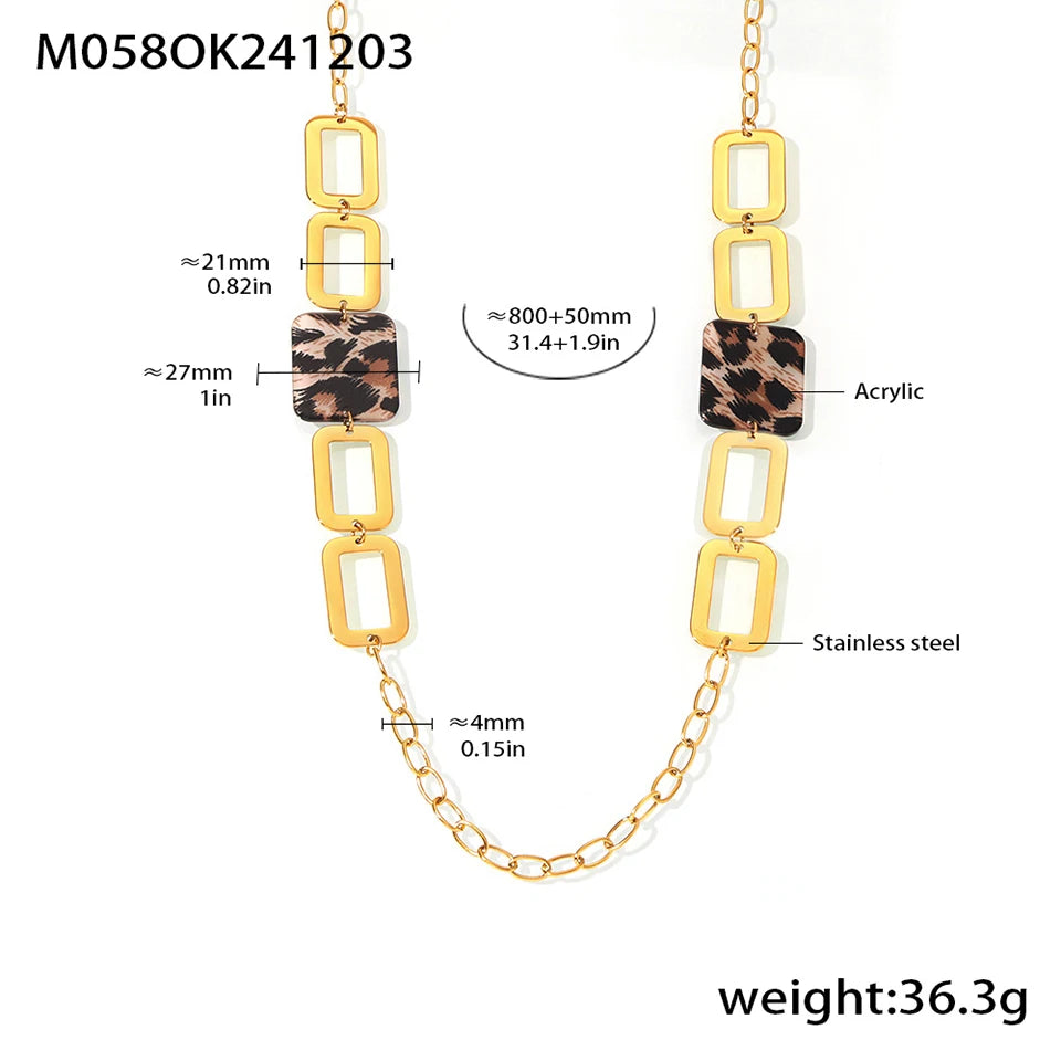 Collier long en acier inoxydable plaqué or 18 carats pour femme, chaîne de pull, imprimé léopard, accessoires de bijoux