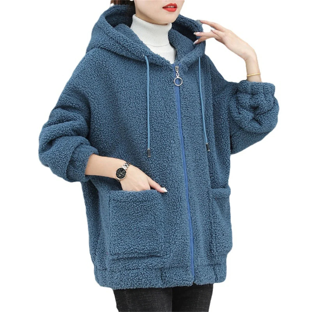 Women Fleece Hooded Sweater Solid Lamb Cashmere Cardigan Jacket Coat Ladies Casual Plush Autumn Winter Long Sleeve Solid Tops
