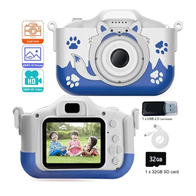Kid Mini Camera 1080P Cartoon Selfie Toddler Digital Video Camera Toys With 32G SD Card for Boys/Girls Christmas Birthday Gifts