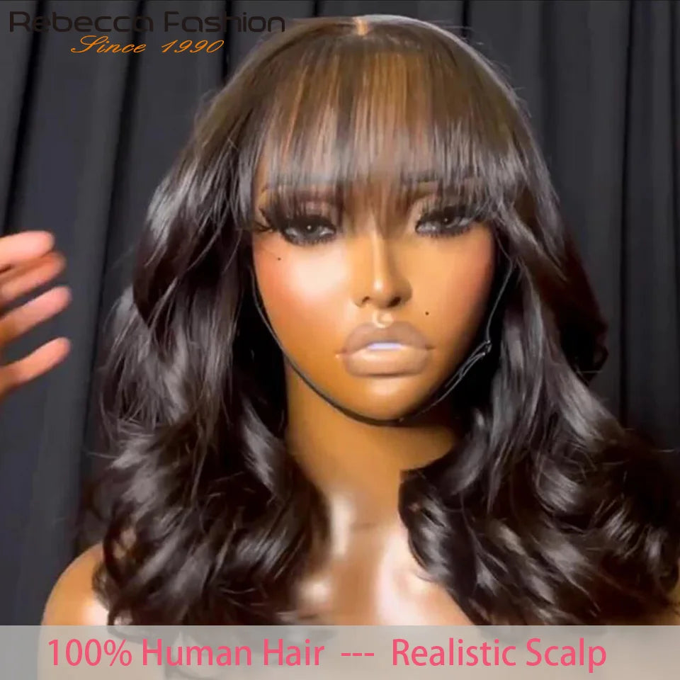 Perruques Rebecca 3x1 Body Wave 100 % cheveux humains avec frange rideau pour femmes, cheveux brésiliens Remy, sans colle, colorées, QVR