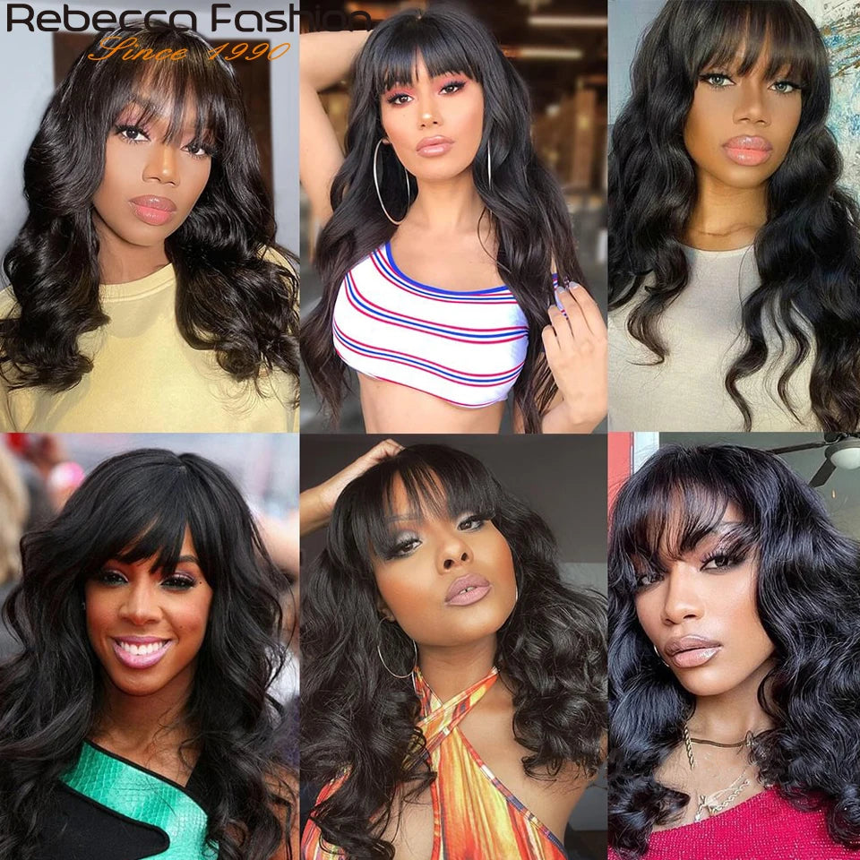 Perruques Rebecca 3x1 Body Wave 100 % cheveux humains avec frange rideau pour femmes, cheveux brésiliens Remy, sans colle, colorées, QVR