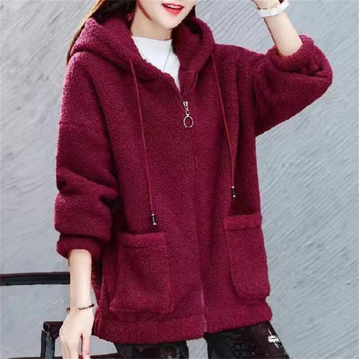 Women Fleece Hooded Sweater Solid Lamb Cashmere Cardigan Jacket Coat Ladies Casual Plush Autumn Winter Long Sleeve Solid Tops