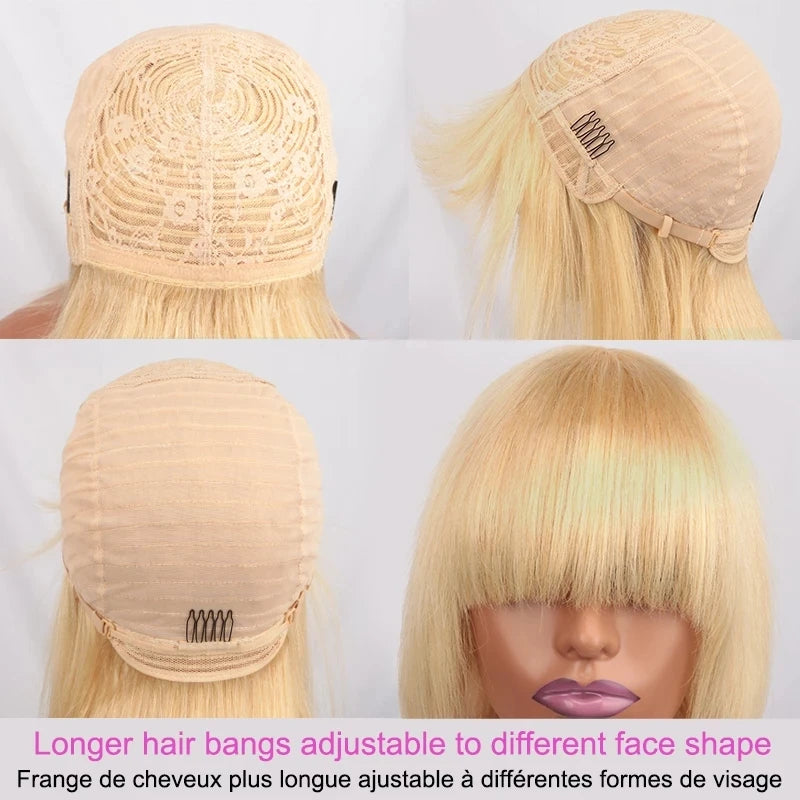 SSH Short Bob Wig With Bangs Fringe for Women Remy Human Hair Wigs Black Blond Color for Party Daily Use Shoulder Length