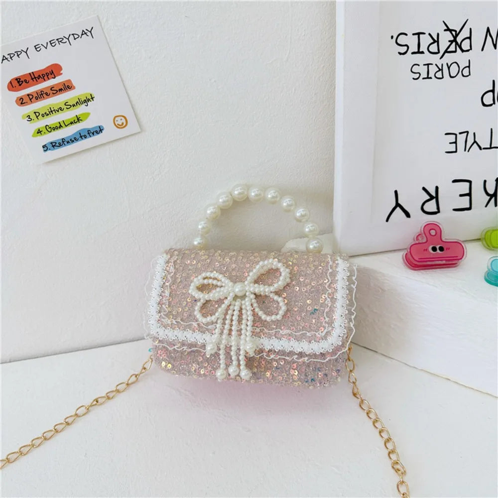 2024 Korean Style Pearl Kid's Handbag Lace Bow Princess Shoulder Messenger Bag Sequin Zero Wallet Pocket Pack