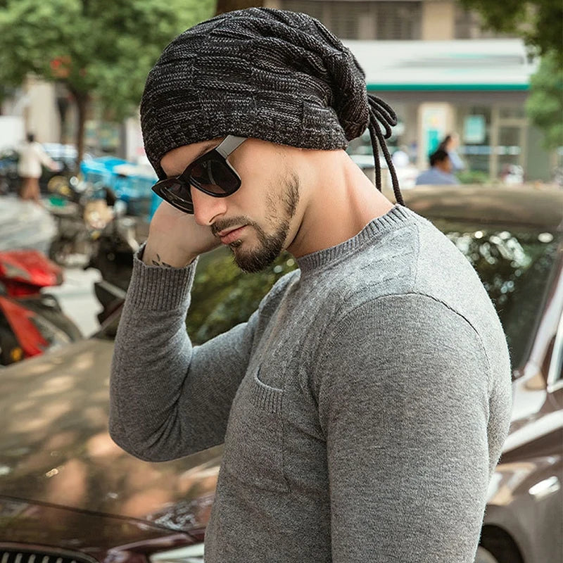 Bonnet tricoté chaud pour homme et femme, bonnet à pompon, bandana, cordon de serrage, écharpe, épais, chaud et doux, tête et cou
