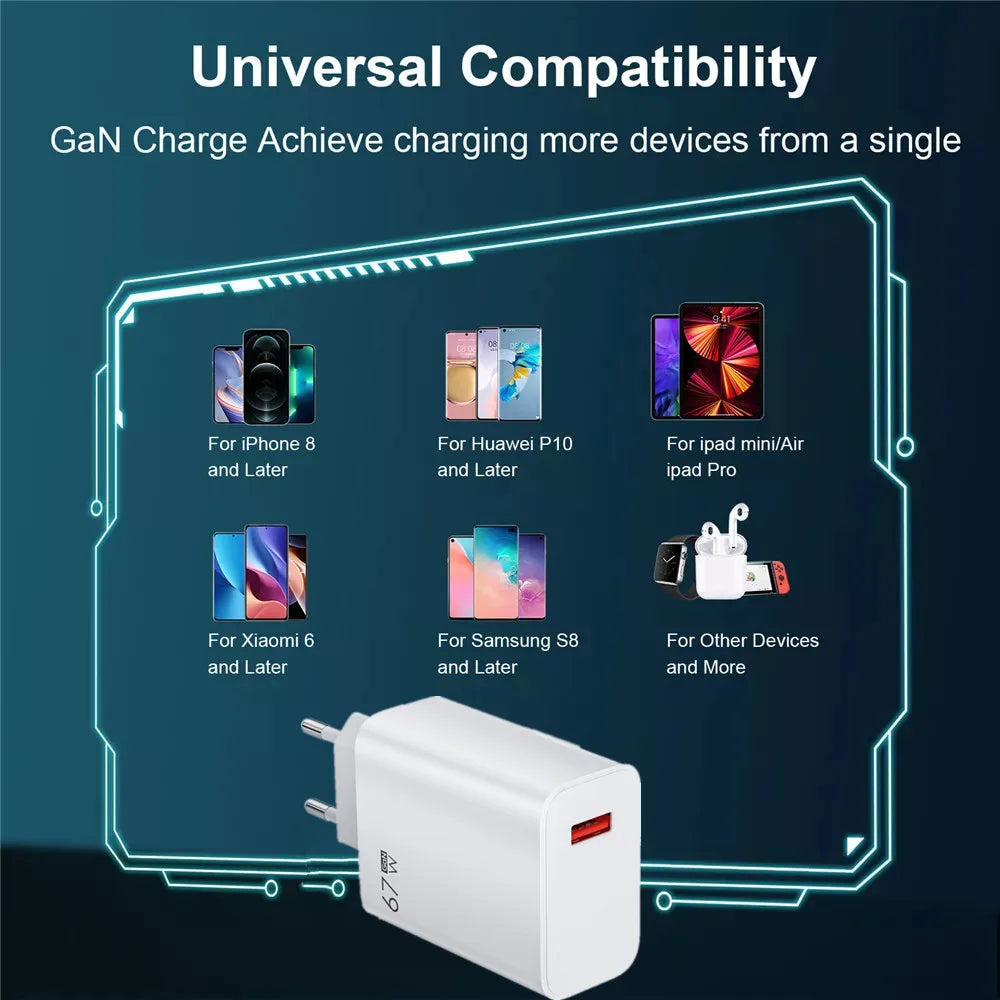 67W GaN USB Fast Charging Quick Charger QC3.0 USB Type C Cable for Xiaomi 14 13 12 Redmi Note Turbo Mobile Phone Charger Adapter