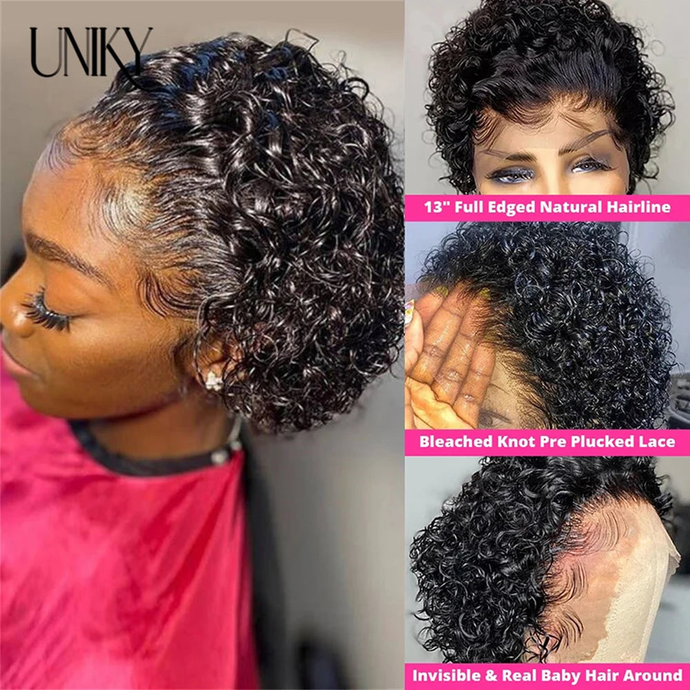 Pixie Cut Wig for Black Women Preplucked 13x1 13x4 Lace Hairline Water Wave Wig Peruvian Short Curly Lace Bouncy Human Hair Wigs