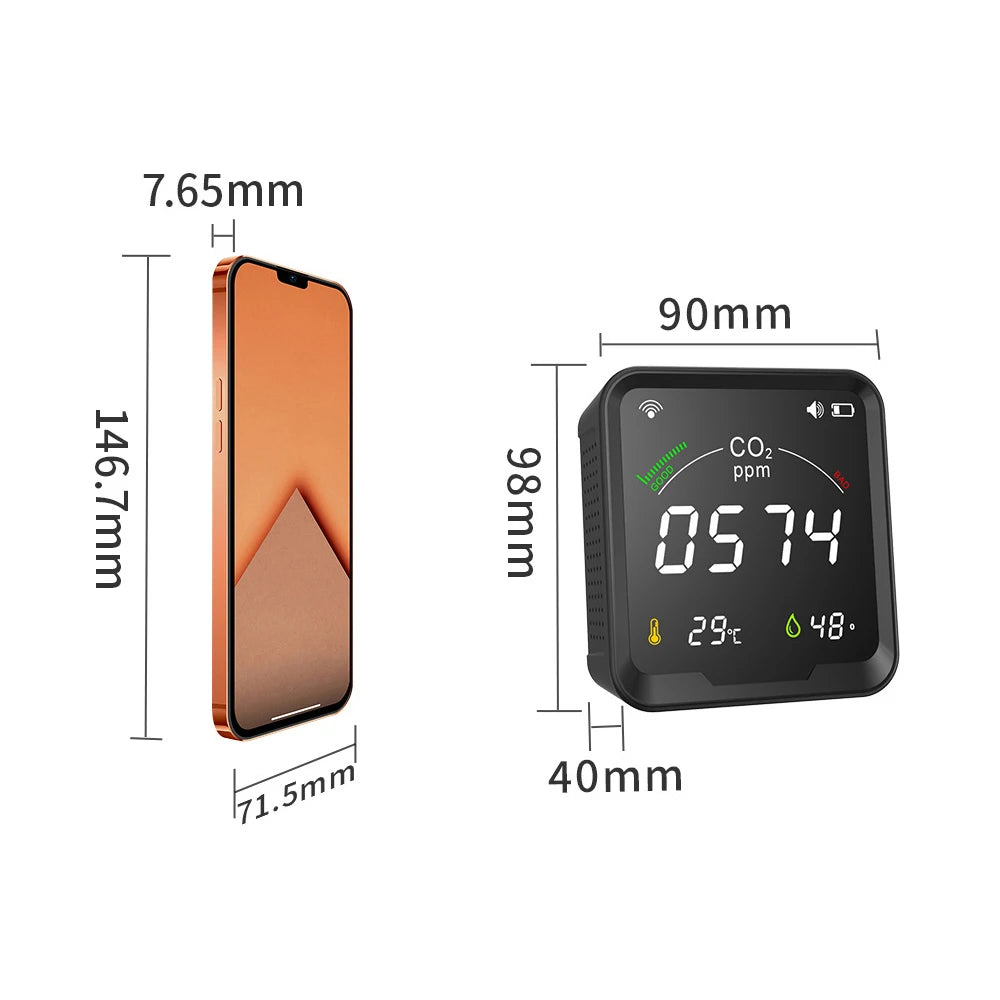 NDIR CO2 Meter Alarm Temperature Humidity Detector Indoor Air Quality Monitor Gas Analyzer with LCD Display USB Rechargeable
