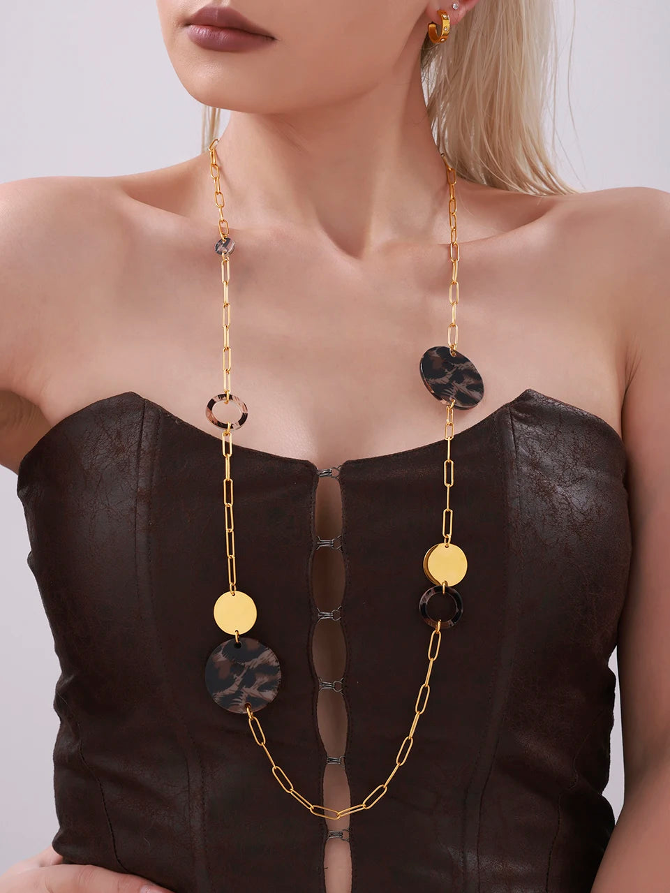 Collier long en acier inoxydable plaqué or 18 carats pour femme, chaîne de pull, imprimé léopard, accessoires de bijoux