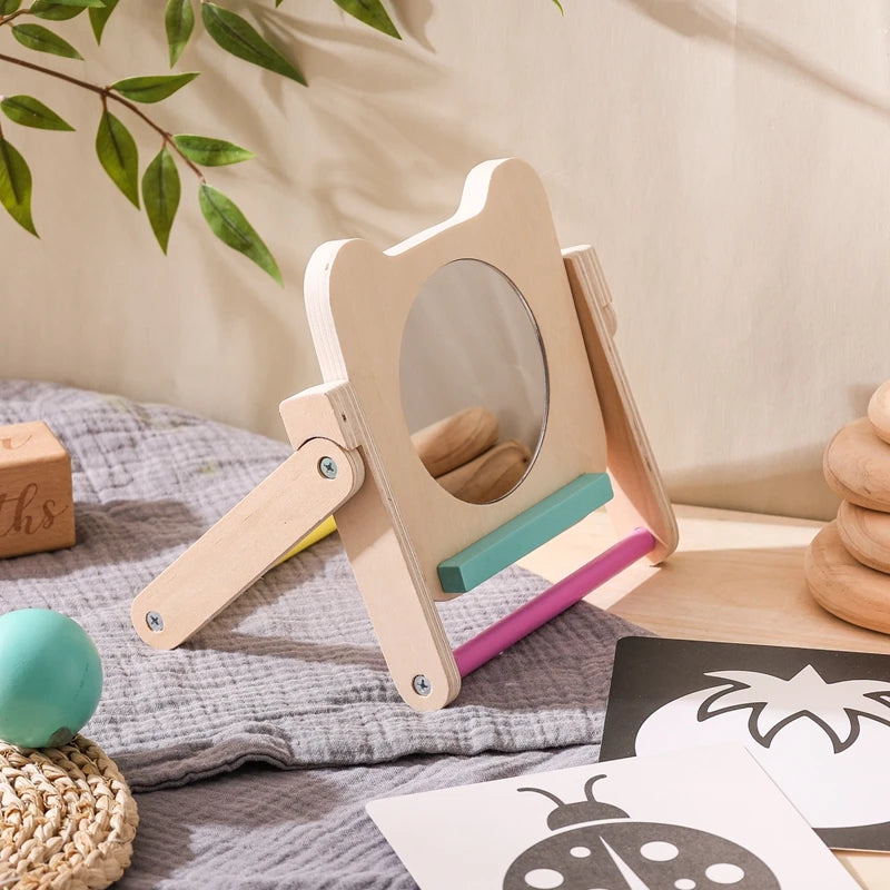 Baby Wooden Montessori Toys Mirror Tummy Time Infant Mirror Black White Contrast Visual Stimulation Sensory Development Toys