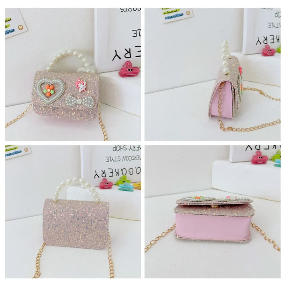 2024 Korean Style Pearl Kid's Handbag Lace Bow Princess Shoulder Messenger Bag Sequin Zero Wallet Pocket Pack