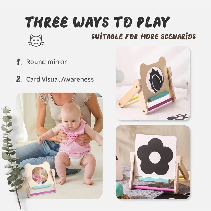 Baby Wooden Montessori Toys Mirror Tummy Time Infant Mirror Black White Contrast Visual Stimulation Sensory Development Toys