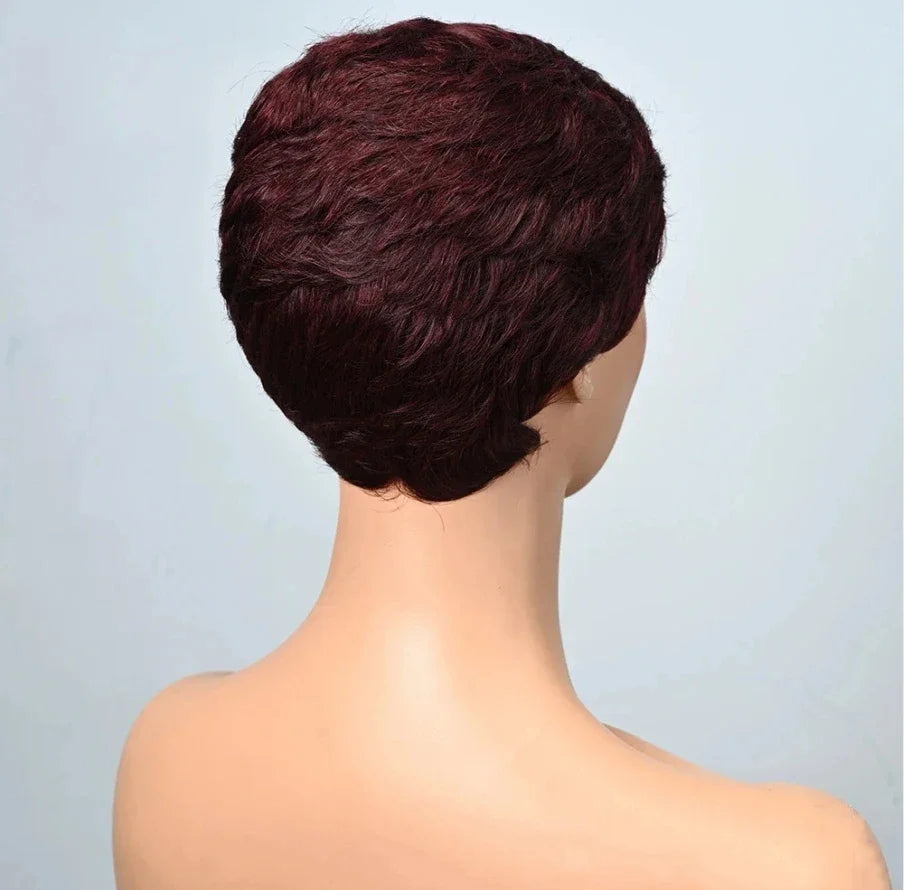 Perruque courte et lisse en cheveux humains, coupe Pixie, fabriquée à la machine, pour femmes noires, avec frange, dégradée, vierge, noir 1B, bonnet complet