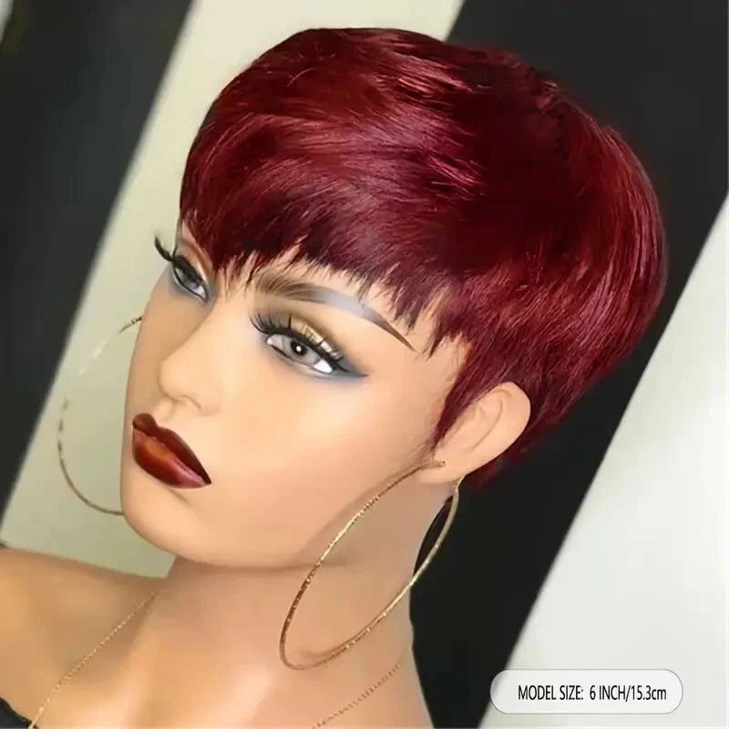 Perruque courte et lisse en cheveux humains, coupe Pixie, fabriquée à la machine, pour femmes noires, avec frange, dégradée, vierge, noir 1B, bonnet complet