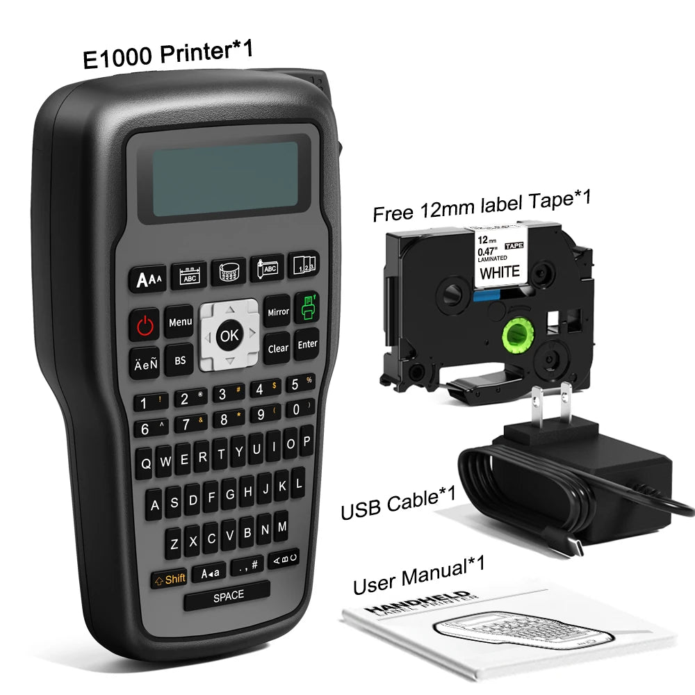 Imprimante portable E1000 Pro, étiqueteuse portable pour travaux d'étiquetage industriel, compatible avec le ruban d'étiquettes Brother TZe-231