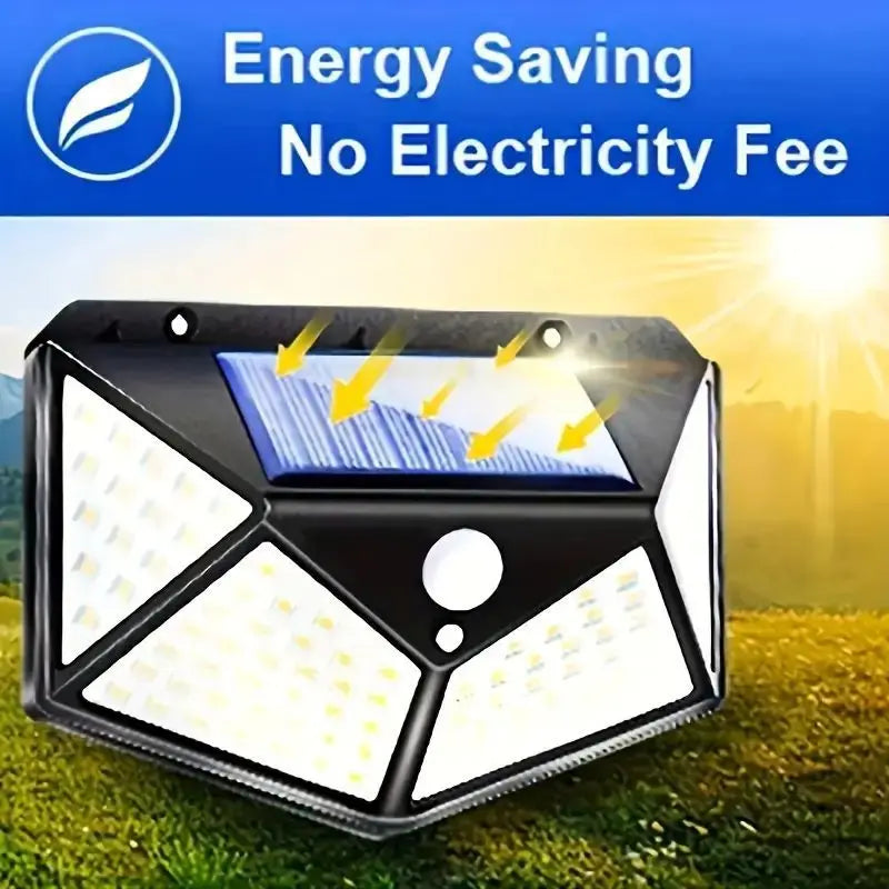 Lot de 1 à 6 lampes murales solaires à 100 LED 1800 mAh, 4 côtés lumineux, avec détecteur de mouvement, éclairage d'extérieur, idéal pour un jardin ou une cour.
