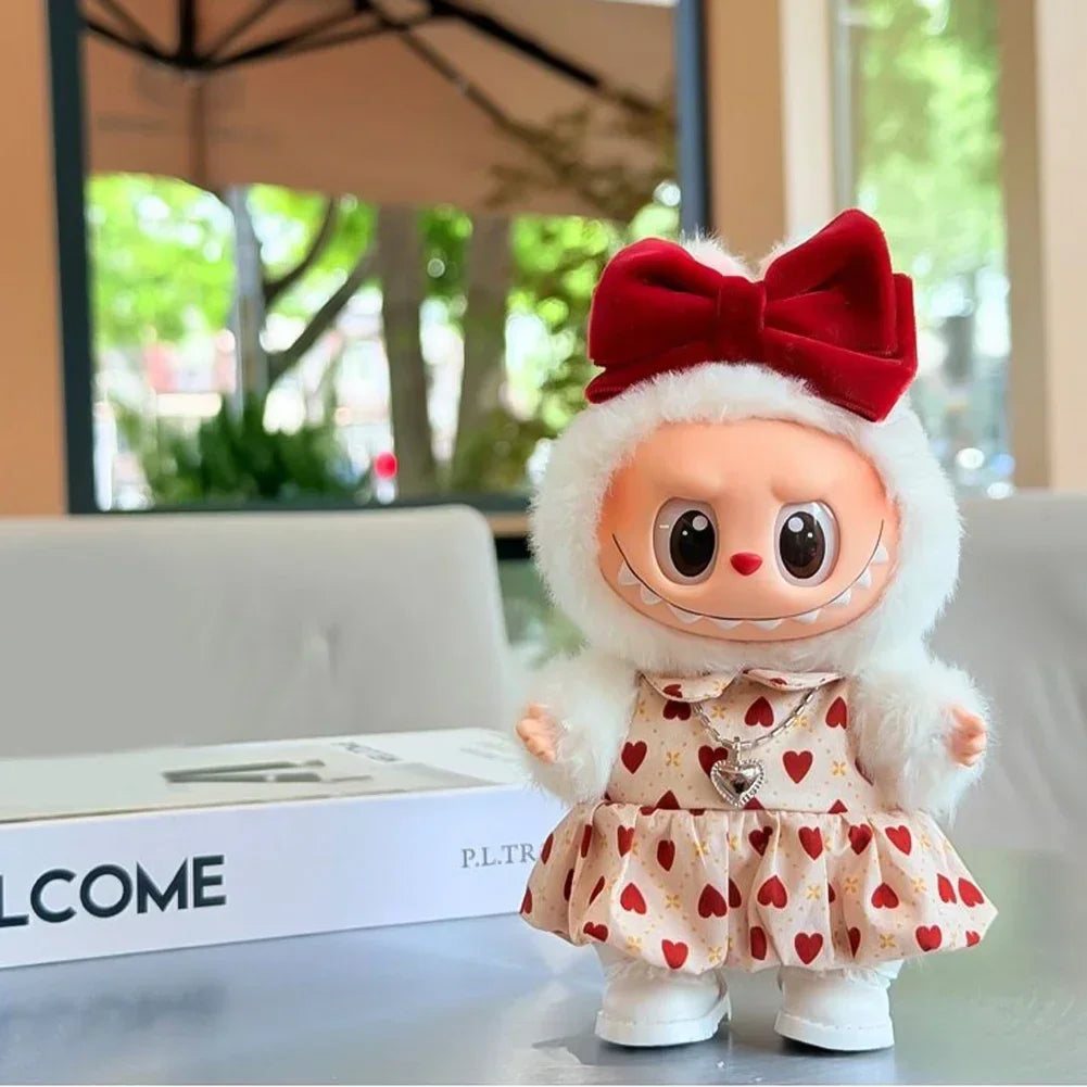 Lovely Bow Heart Flower Bud Skirt Set Decor Dress Sweater Cardigan Outfit Dolls Accessories For 17cm/38cm Labubu Doll Clothes