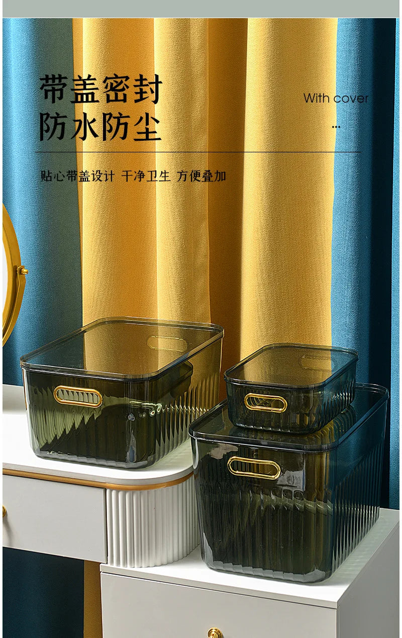 Light Luxury Desktop Cosmetic Plastic Drawer With Lid Wardrobe Sundries Toy Storage Box Transparent Storage Basket With Handle