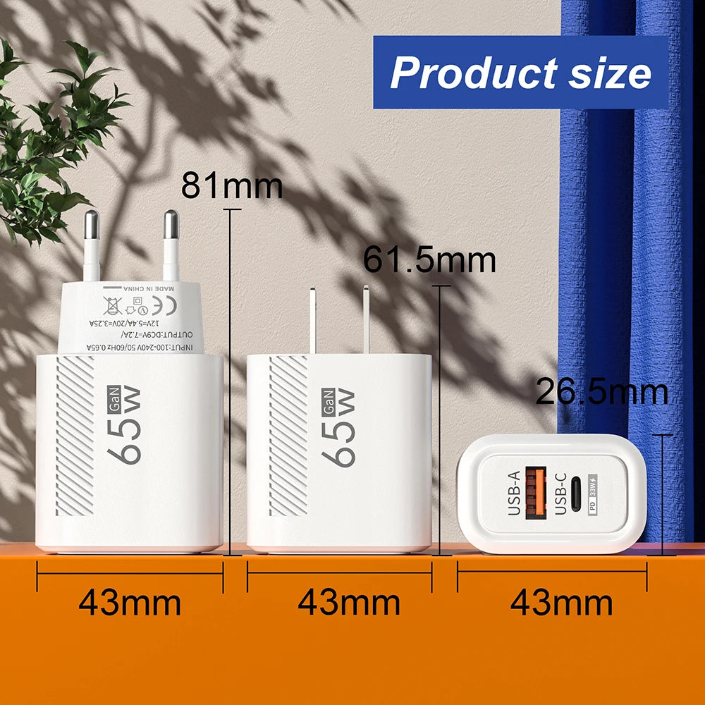 GaN 65W USB Type C Charger Fast Charging Mobile Phone Adapter Quick Charger For Samsung S23 Ultra Xiaomi 13 Huawei iPhone 14 13