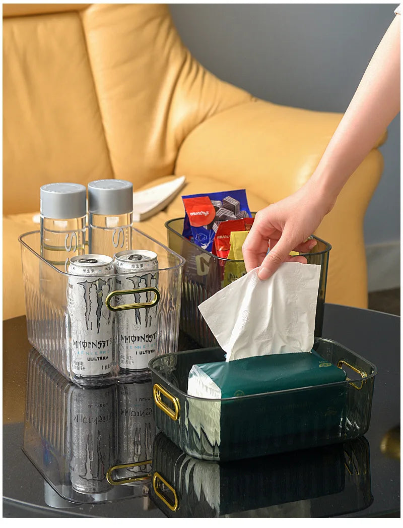 Light Luxury Desktop Cosmetic Plastic Drawer With Lid Wardrobe Sundries Toy Storage Box Transparent Storage Basket With Handle