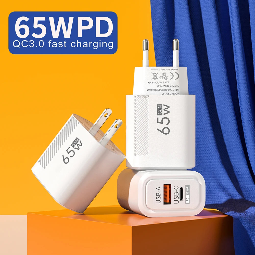 GaN 65W USB Type C Charger Fast Charging Mobile Phone Adapter Quick Charger For Samsung S23 Ultra Xiaomi 13 Huawei iPhone 14 13