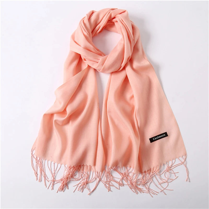 Écharpe tendance pour femme, couleur unie, hijab d'hiver, pompons, long châle, style cachemire, pashmina, bandana