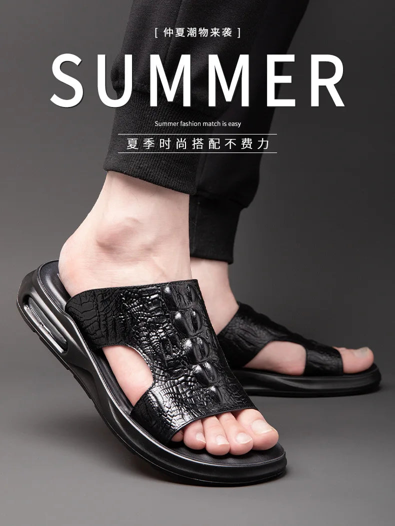 Chaussures d'été pour hommes, sandales en cuir véritable, imprimé crocodile, pantoufles décontractées, tongs à coussin d'air, chaussures de plage cool