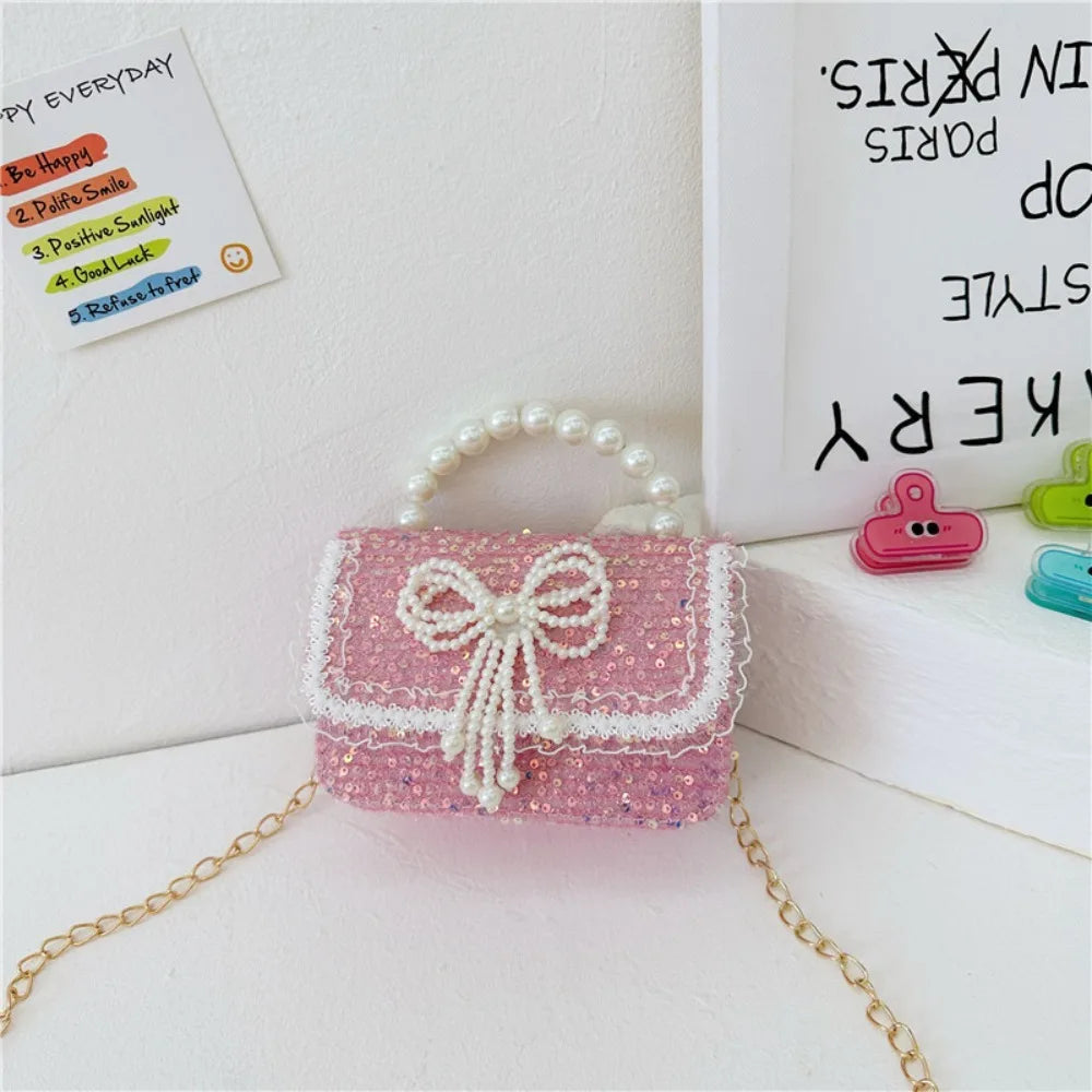 2024 Korean Style Pearl Kid's Handbag Lace Bow Princess Shoulder Messenger Bag Sequin Zero Wallet Pocket Pack