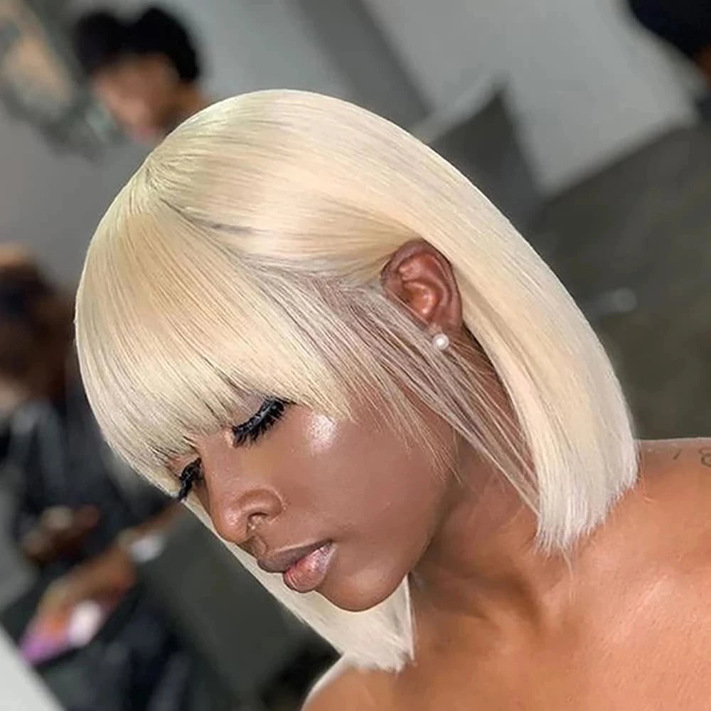 SSH Short Bob Wig With Bangs Fringe for Women Remy Human Hair Wigs Black Blond Color for Party Daily Use Shoulder Length