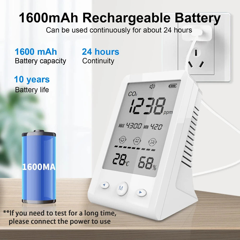 NDIR CO2 Meter Alarm Temperature Humidity Detector Indoor Air Quality Monitor Gas Analyzer with LCD Display USB Rechargeable