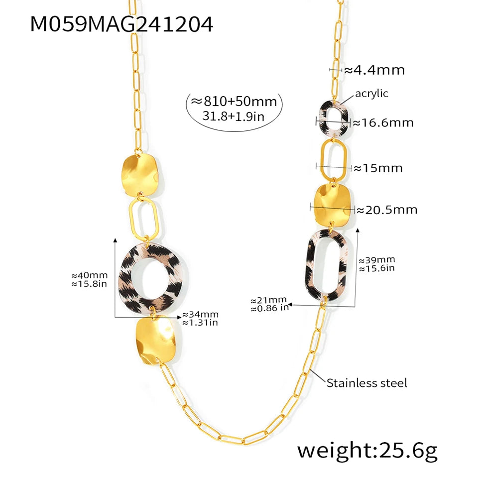 Collier long en acier inoxydable plaqué or 18 carats pour femme, chaîne de pull, imprimé léopard, accessoires de bijoux