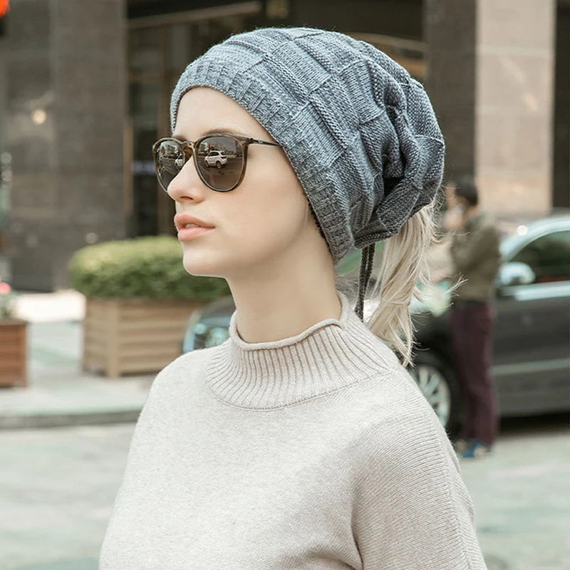 Bonnet tricoté chaud pour homme et femme, bonnet à pompon, bandana, cordon de serrage, écharpe, épais, chaud et doux, tête et cou