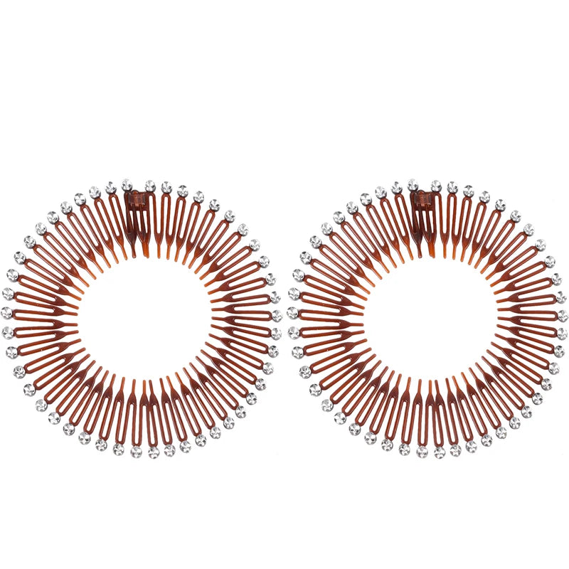 2pcs Rhinestone Plastic Full Circle Stretch Diamond Flexible Comb Teeth Headband Hair Band Clip Face Wash Fixed Hair Accessories