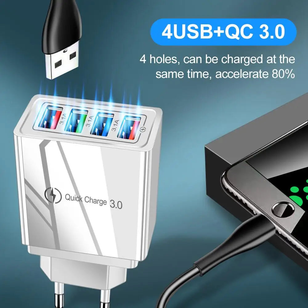 4 Ports USB Charger Fast Charging EU/US Plug Mobile Phone Charger Universal Quick Charge 3.0 Power Adapter For Xiaomi 12 Pro Max