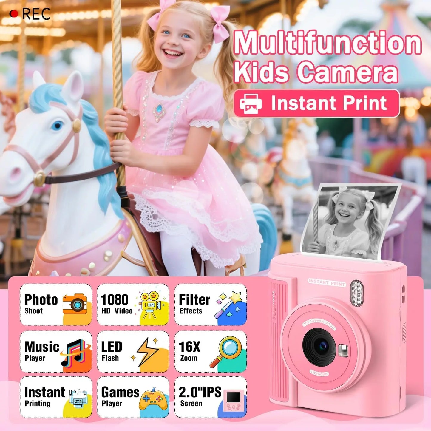 Kids Camera Instant Print HD 1080P 16X Zoom Digital Camera Video Recorder Toy for Girls & Boys Best Christmas Birthday Gfits
