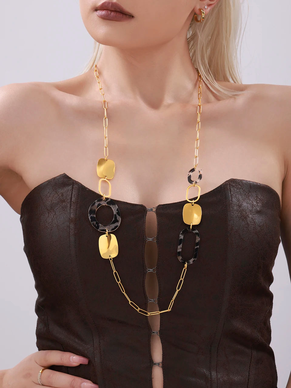 Collier long en acier inoxydable plaqué or 18 carats pour femme, chaîne de pull, imprimé léopard, accessoires de bijoux